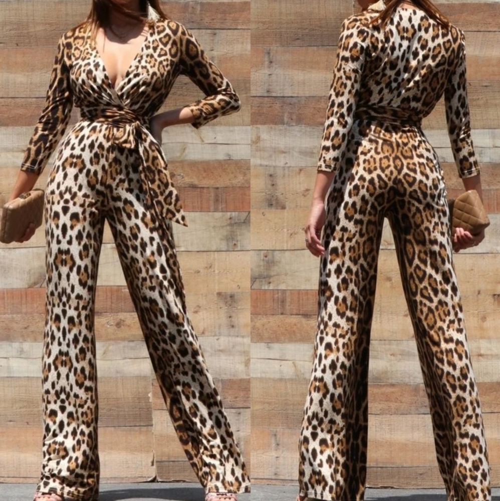 Leopard Peint Long Sleeve Stretch Jumpsuit Zip Back Tie Waist Size Small NEW